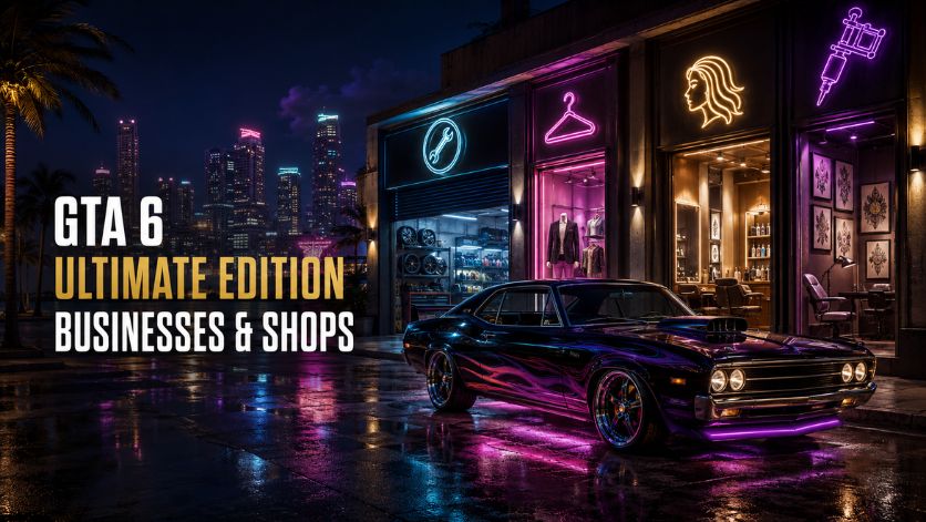 GTA 6 Ultimate Edition businesses and shops cover with a customized car outside a mod workshop, clothing store, salon, and tattoo studio