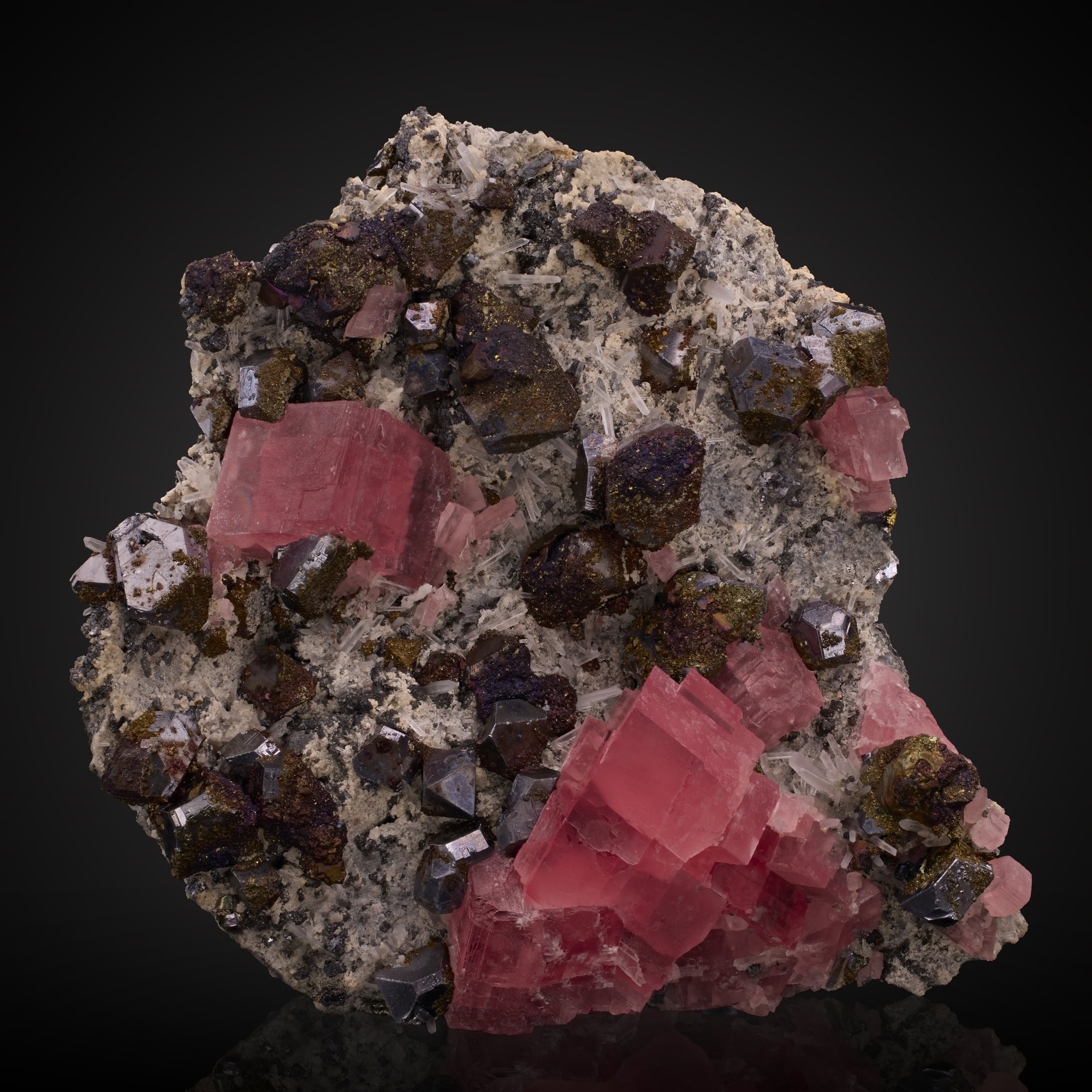Rhodochrosite, Galena, Bornite