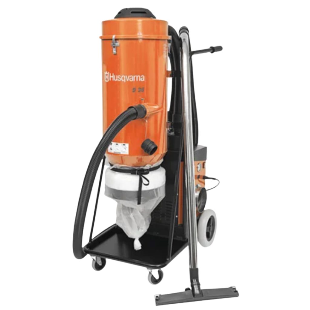 A large orange and black vacuum cleaner on wheels.