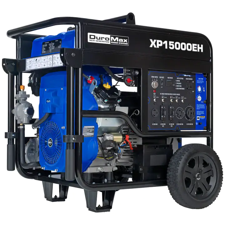 A blue and black generator with wheels on the side.
