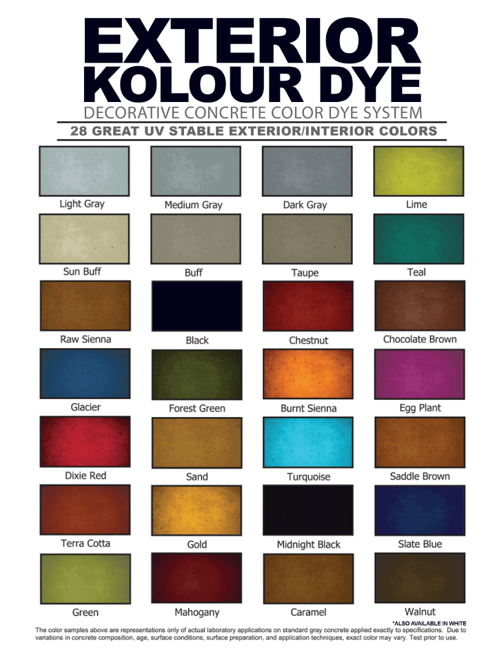 Exterior kolour dye color chart.