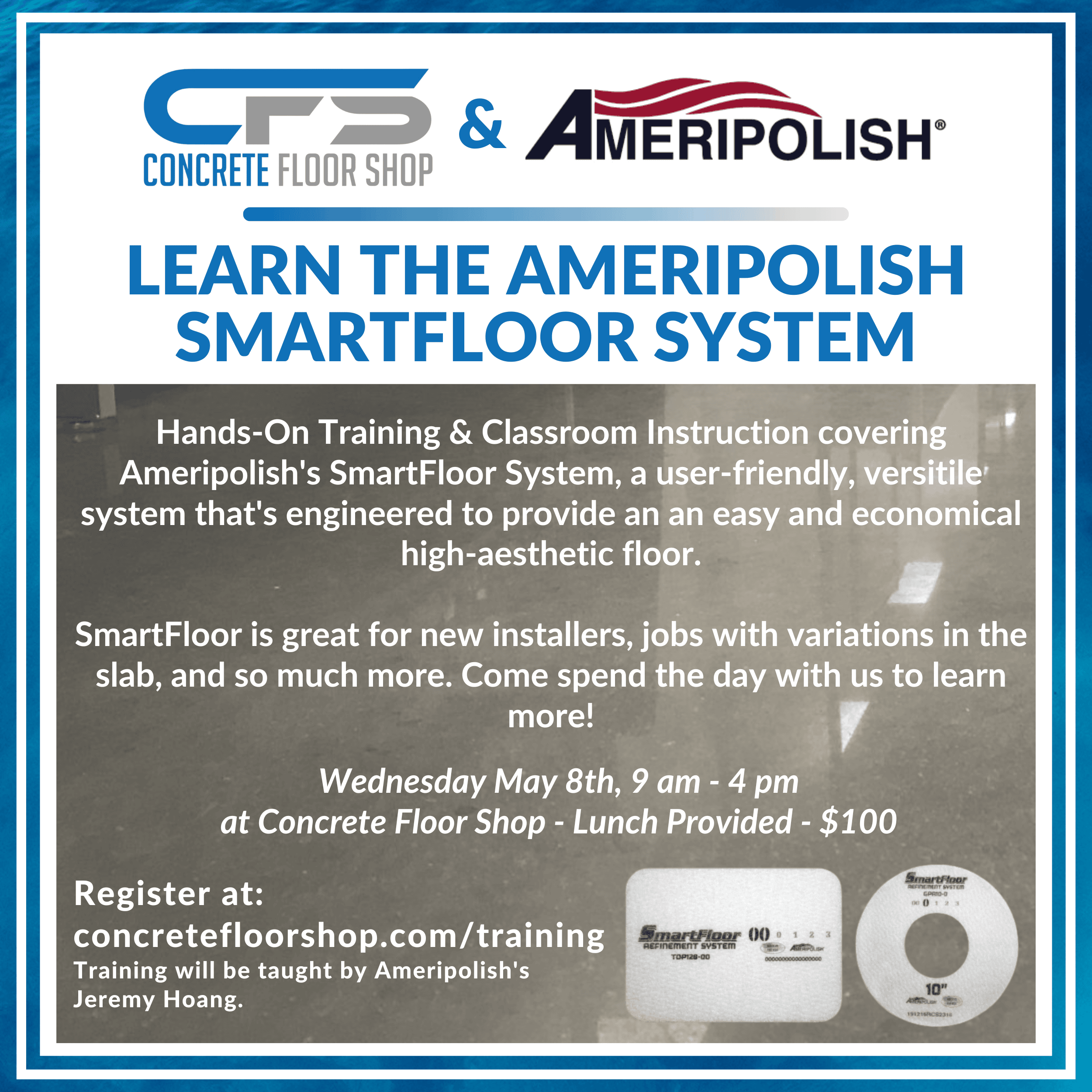 Advertisement for Ameripolish SmartFloor System training event.