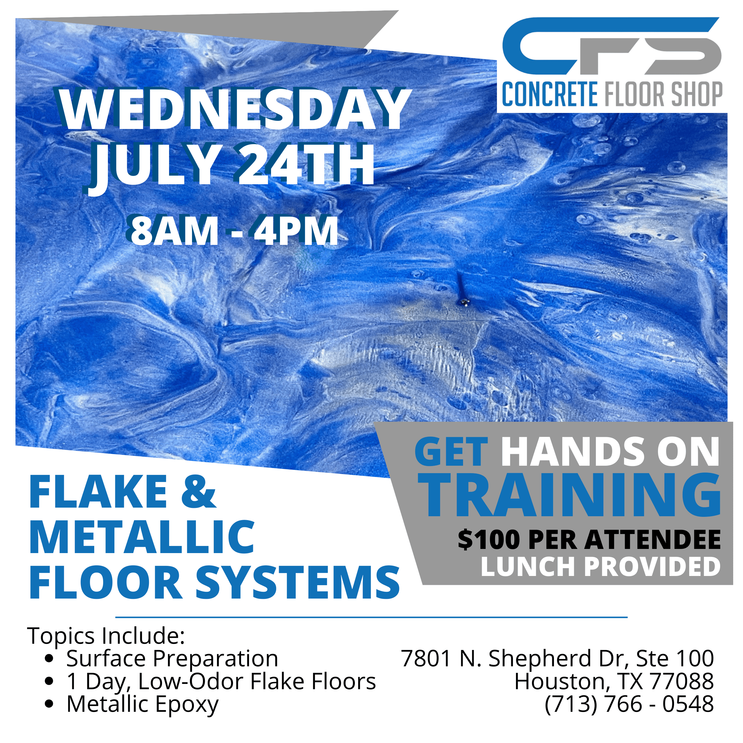 Concrete floor training on July 24th, 8 AM to 4 PM.