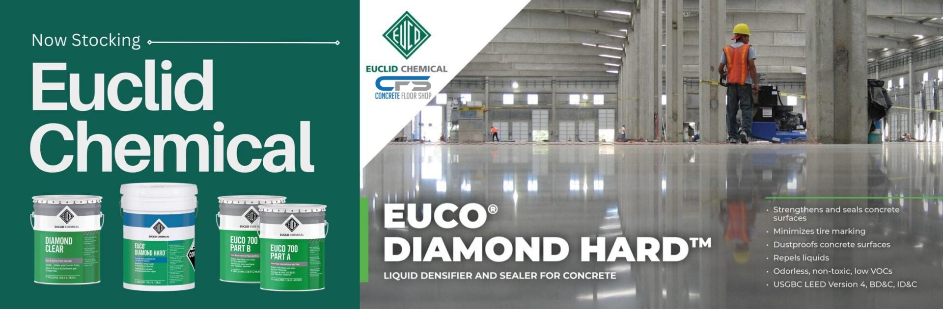 Euco Diamond Hard liquid densifier and sealer for concrete in industrial setting.