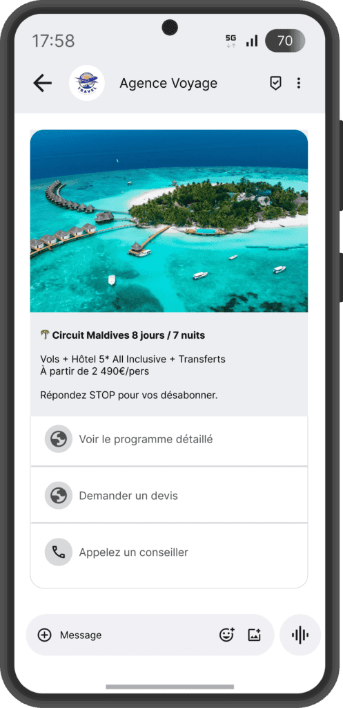 Envoi RCS agence de voyage - plateforme SMS et RCS Conexteo