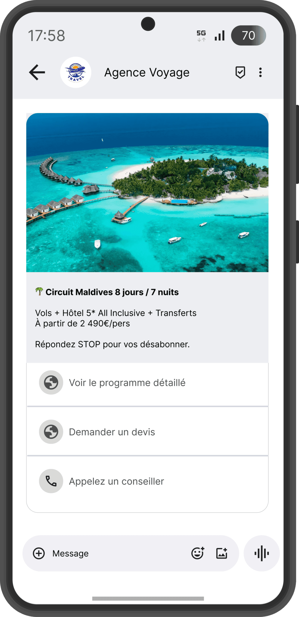 Envoi RCS agence de voyage - plateforme SMS et RCS Conexteo