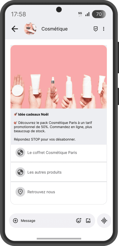 Campagne RCS cosmétique envoyée depuis plateforme SMS professionnel