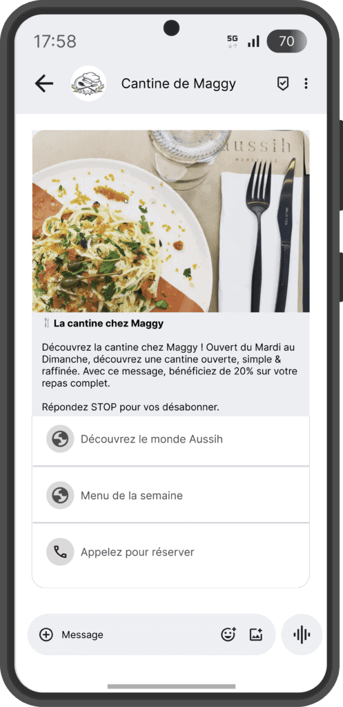 Exemple RCS restaurateurs - plateforme SMS professionnel Conexteo