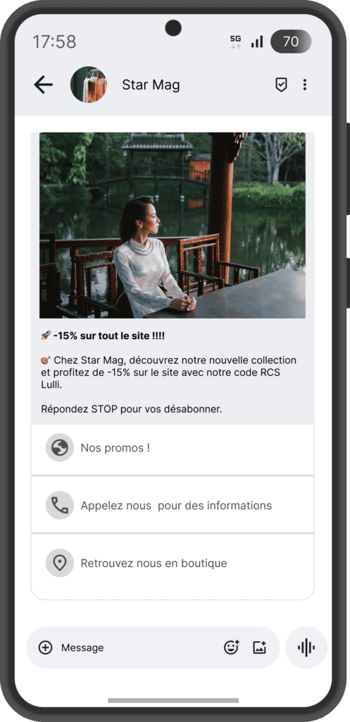 Exemple RCS mode prêt-à-porter via plateforme SMS professionnel Conexteo