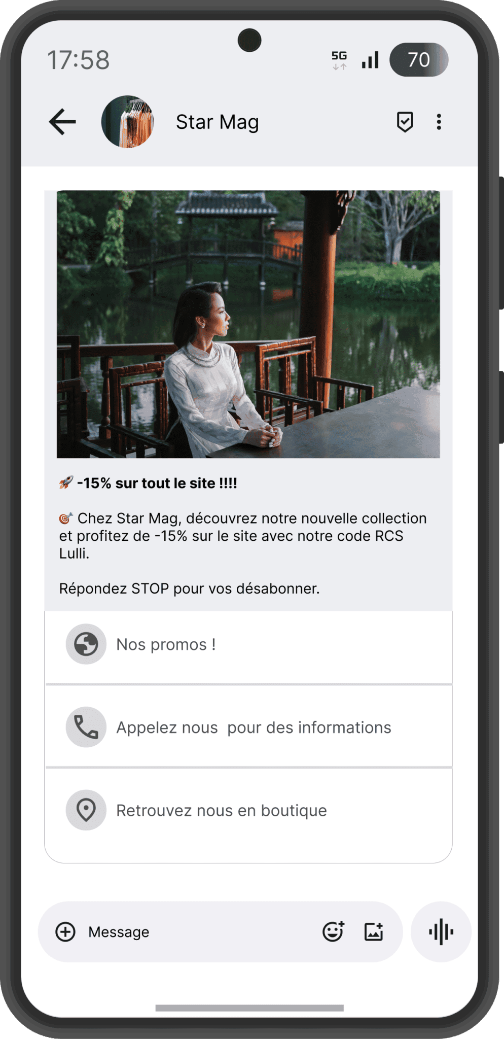 Exemple RCS mode prêt-à-porter via plateforme SMS professionnel Conexteo