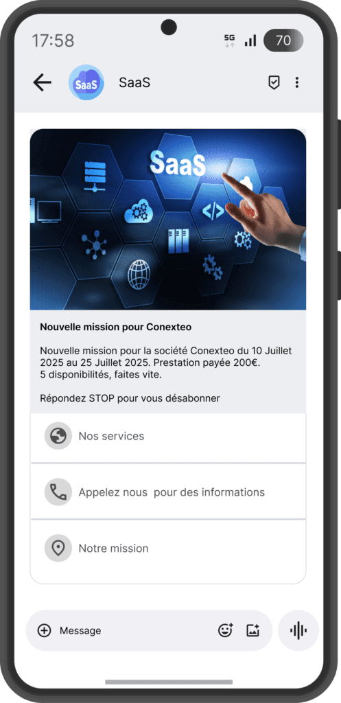 Exemple message RCS pour SaaS - plateforme SMS et RCS professionnel