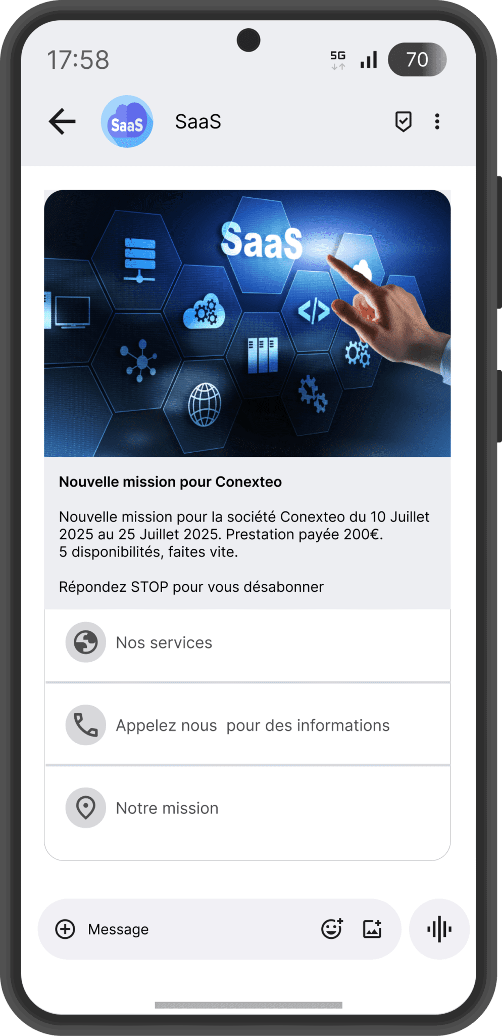 Exemple message RCS pour SaaS - plateforme SMS et RCS professionnel