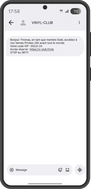 Exemple SMS professionnel club vinyle avec offre promotionnelle