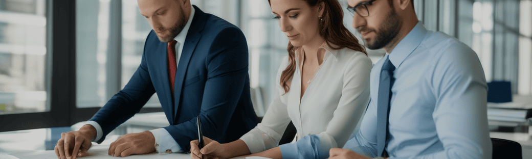 Professionnels signant des contrats dans un bureau moderne