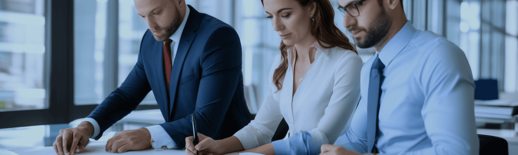 Professionnels signant des contrats dans un bureau moderne