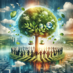 DALL·E 2024-01-22 13.20.08 – An image symbolizing Environmental, Social, and Governance (ESG) principles. The environment aspect is represented by a vibrant, healthy tree with lus