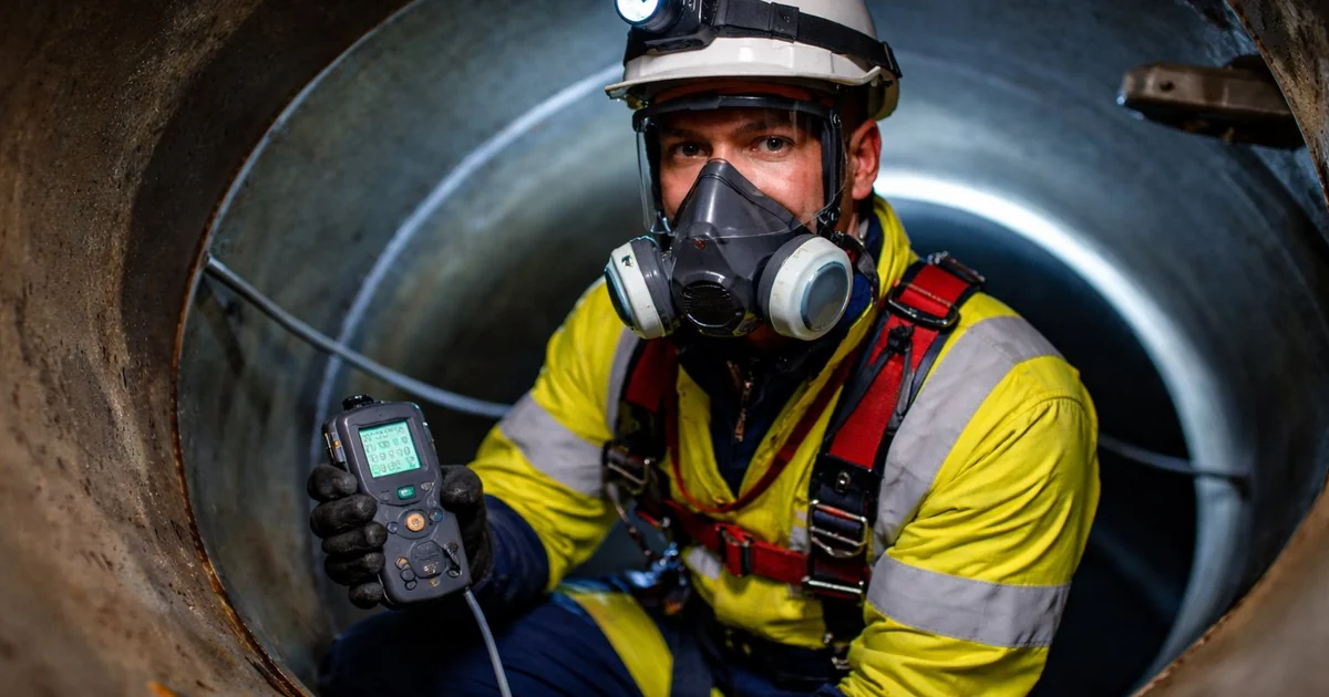 Worker with BA in confined space, using gas detector