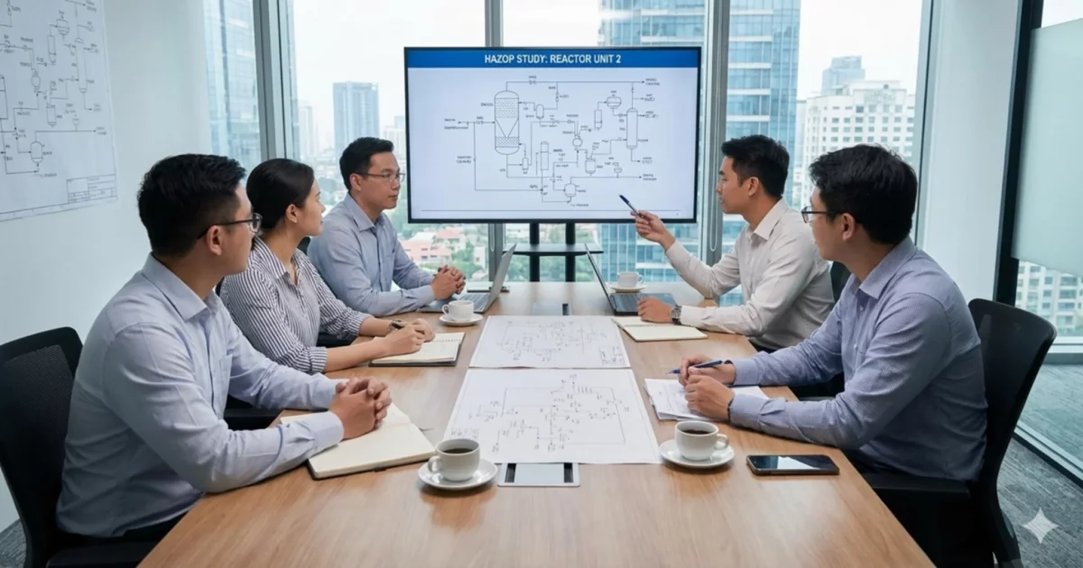 Process safety engineers discussing a P&ID