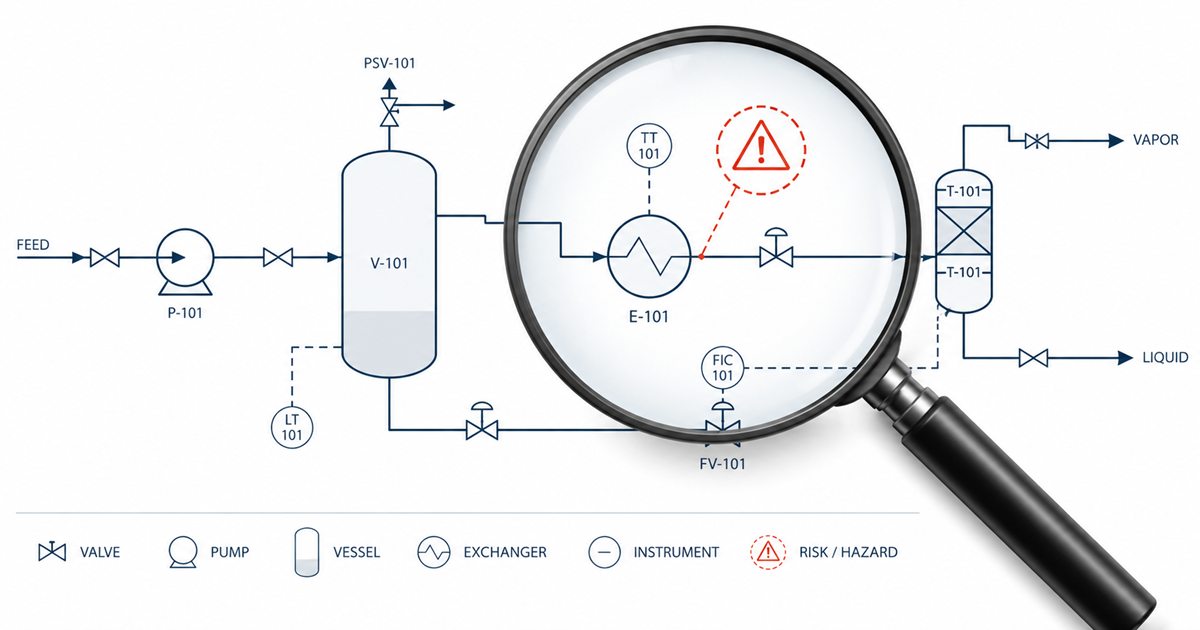 magnifier above a process diagram showing hazard