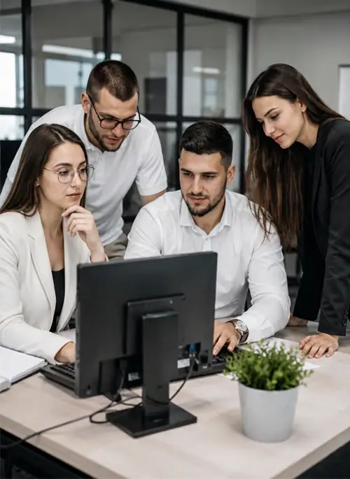 Back office support team reviewing operational data in office