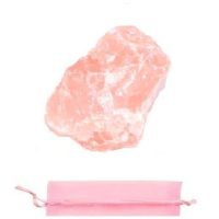 Pink Calcite Rough, natural pink calcite mineral specimen with a soft pink hue and irregular shape, accompanied by a pink gift bag for display or gifting.