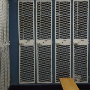 white lockers with blue trim