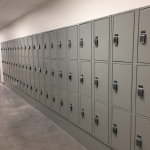 off-white lockers in hallway