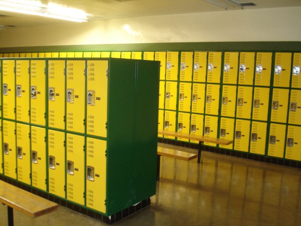 yellow lockers with green trim