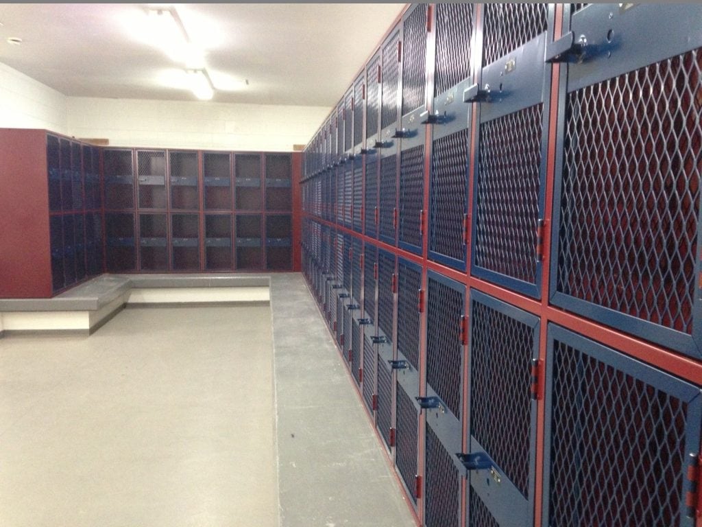 purple lockers with red trim