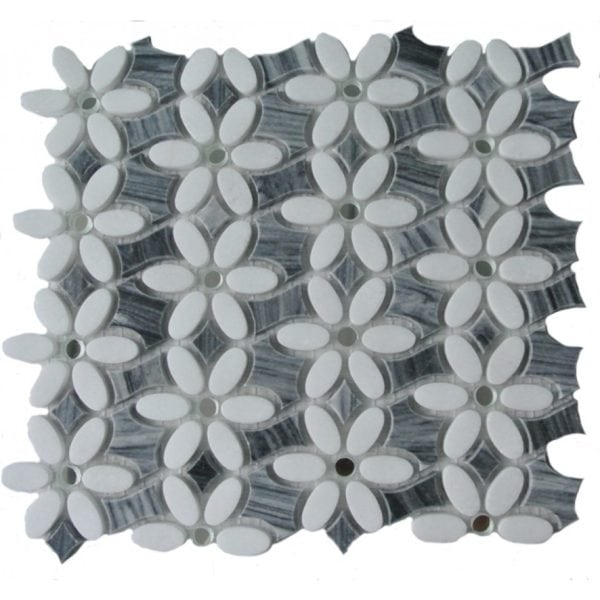MJ Dahlia White Thassos & Gray Marble with Silver Mirror Dot