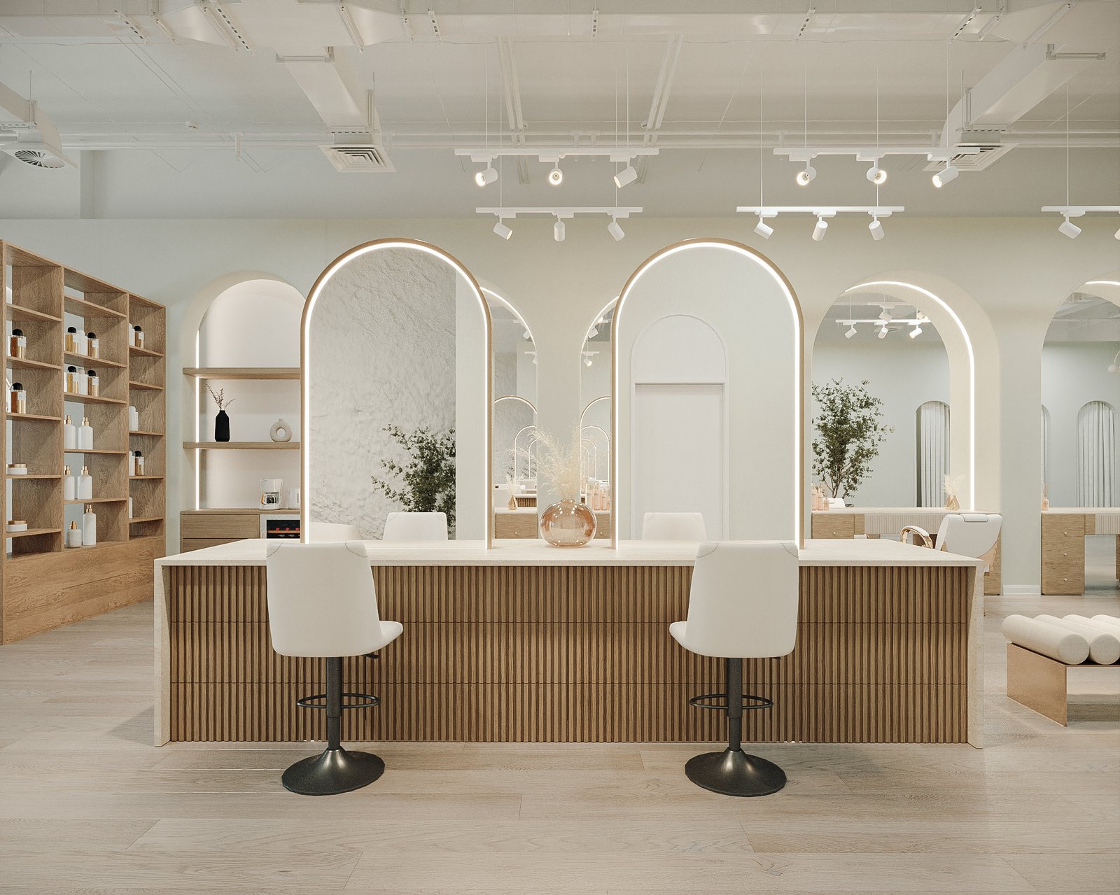luted wood salon island with led mirrors