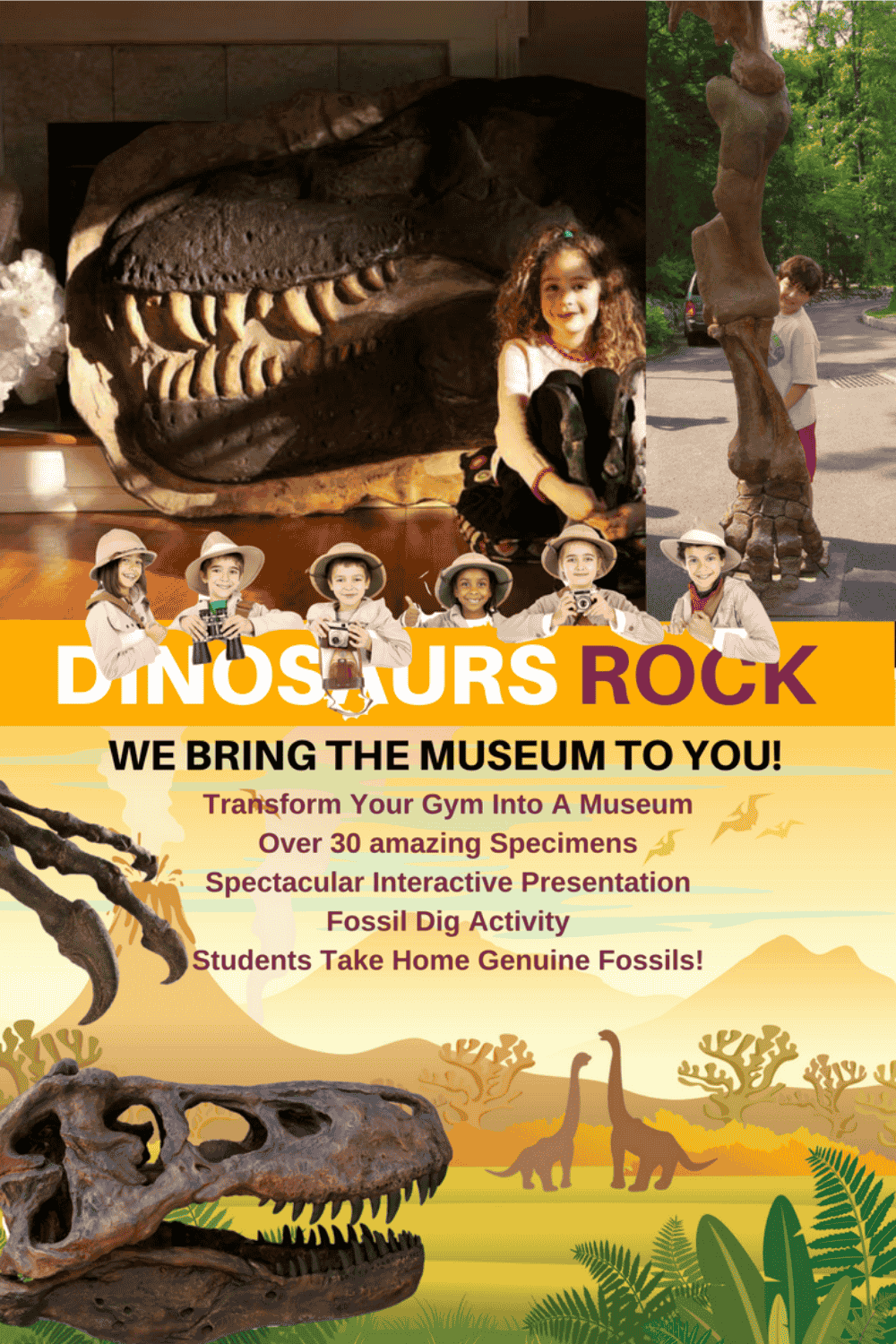 Dinosaurs Rock sign featuring young girl with t-rex behind her, a 9 ft mastodon leg with young boy next to it for size reference, a t-rex skull and a dinosaur forest scene in the background