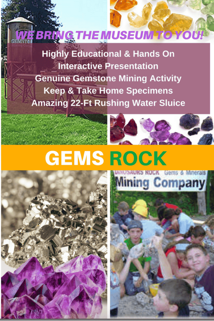 Gems rock featuring a gem mining sluice, gemstones, amethyst and golden pyrite, and kids digging in our excavation blocks