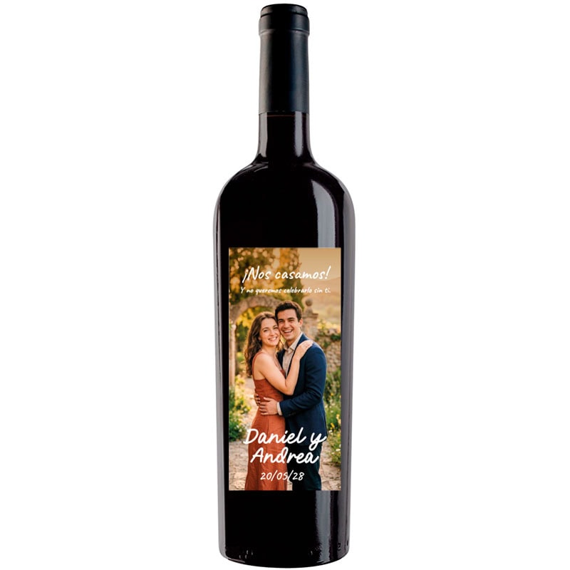 Botella de vino personalizada con foto invitación boda 001