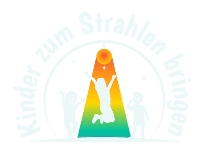 Weißes Logo von Dominik Bierle – Drei Kinder tanzen unter buntem Licht mit dem Schriftzug ‚Kinder zum Strahlen bringen‘, Symbol für Mitmach-Musik in der Kinderkirche