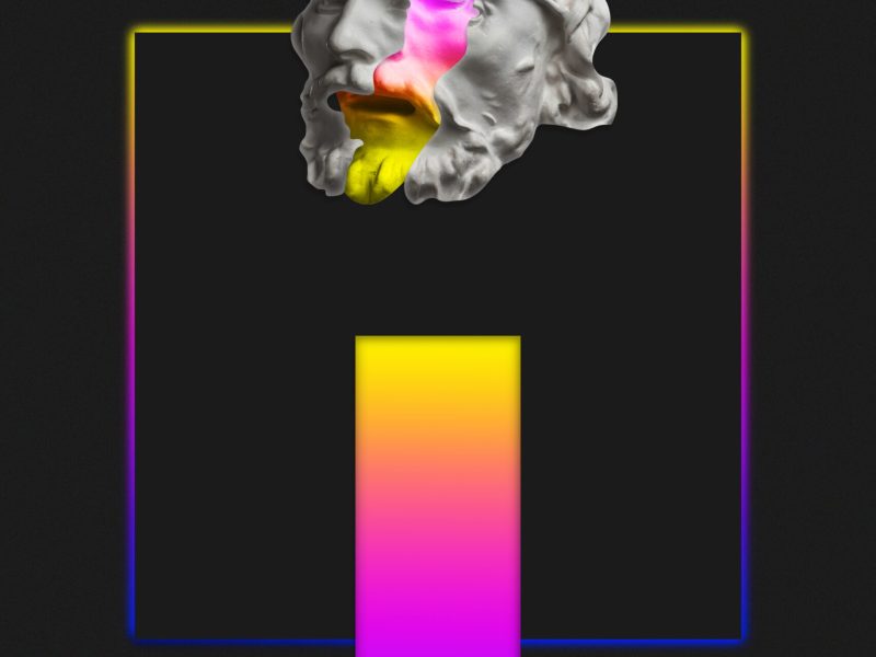 Collage with sculpture of human face in a pop art style. Modern creative concept image with ancient statue head. Zine culture. Contemporary art poster. Funky punk minimalism. Crypto art design. moderne website trends 2025