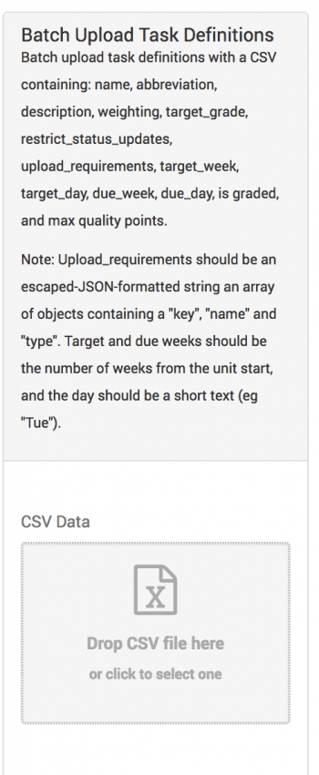 Batch upload task definitions interface with instructions and data drop area.