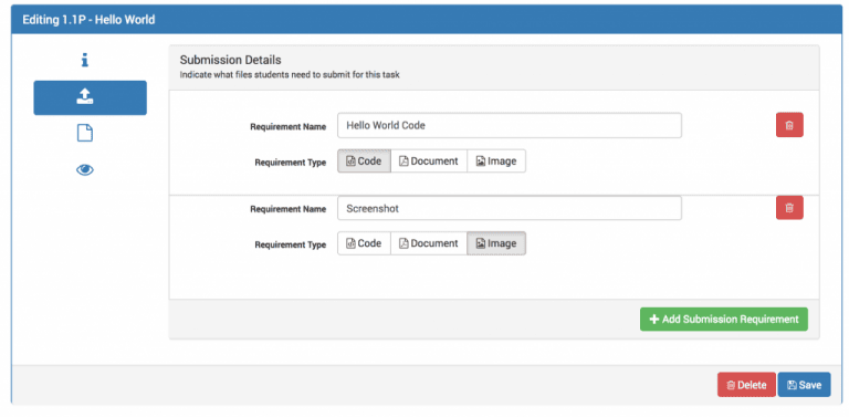 Screenshot of a task editing interface with submission requirements.