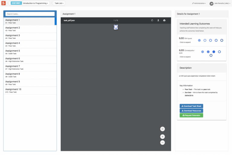 User interface of an educational platform showing assignments, assignment details, and interaction options.