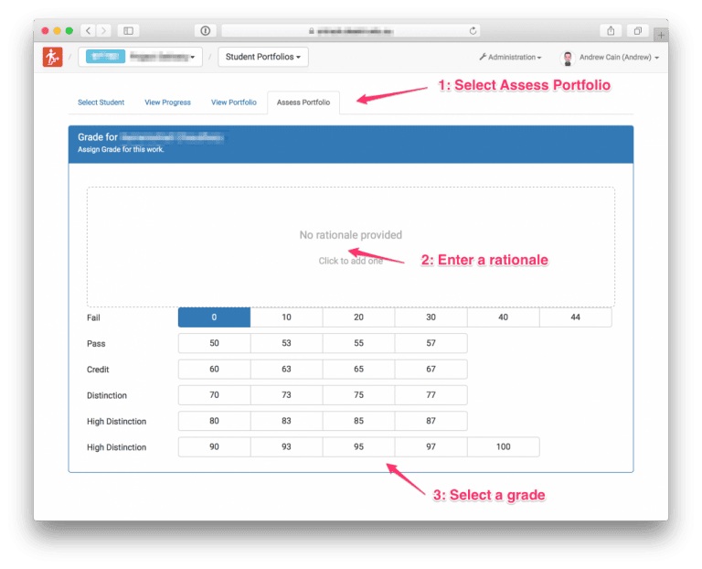 Web interface to assess student portfolios with grading options and guidance.