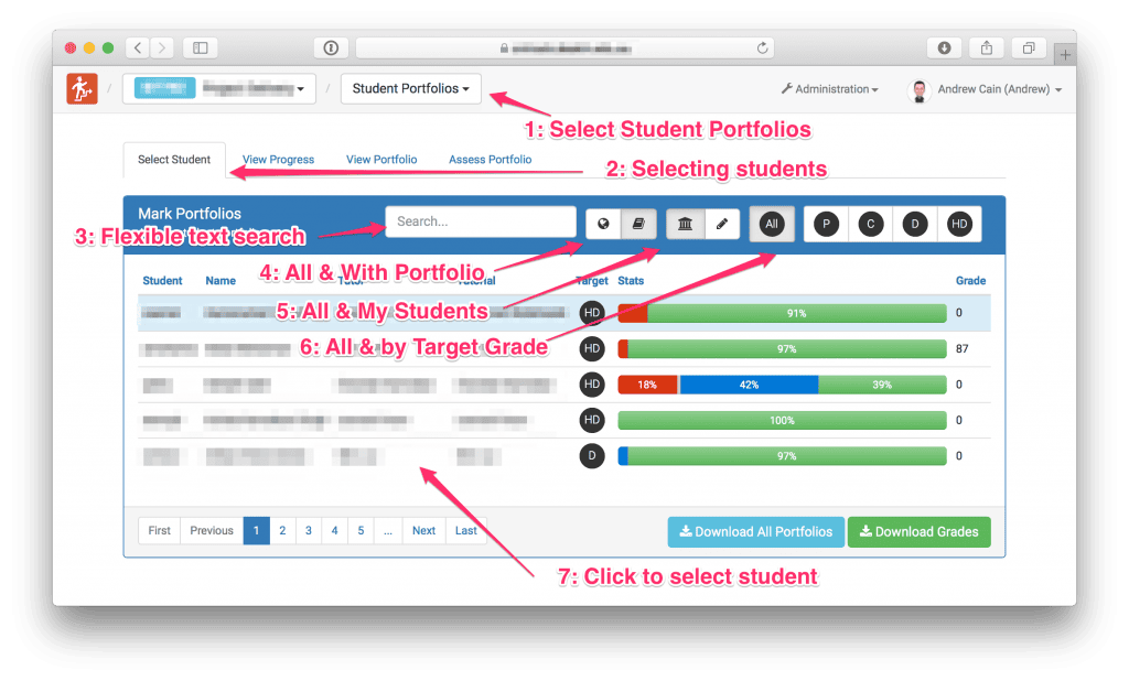Screenshot of a web application interface showing a student portfolios dashboard with annotations.