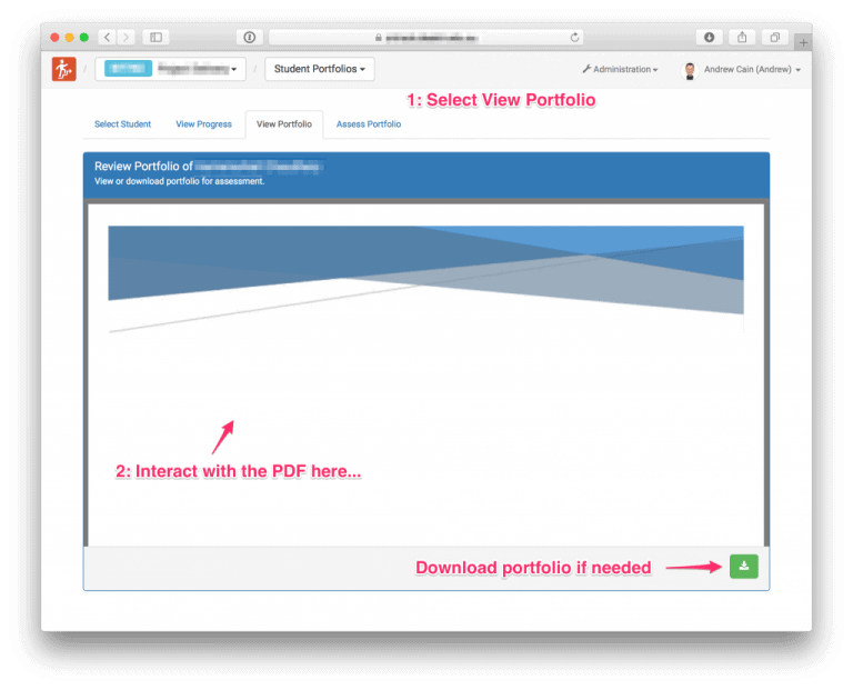 Web interface for student portfolio management with interactive PDF area and download option.