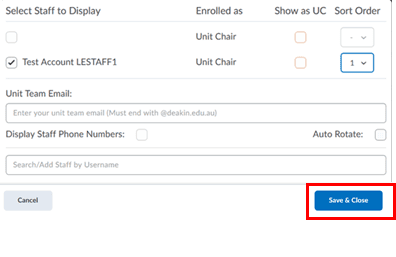 Unit staff widget with Save and Close button highlighted.