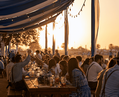 Oktoberfest Dubai 2026 Oktoberfest DUbai 2026 - feiernde Menschen sitzen im Sonneniuntergang in einem Biergarten in Dubai