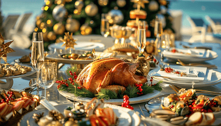 Christmas Brunch Dubai Christmas Brunch Dubai - Ein festlich geschmückter Tisch mit einem Truthahn und anderen leckeren Weihnachtsgerichten in Dubai mit einem Weihnachtsbaum im Hintergrund