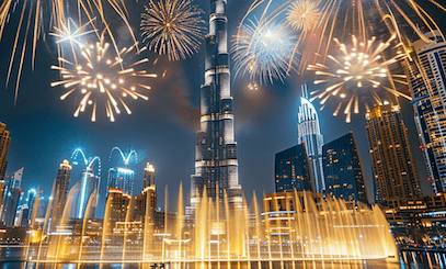 Silvester in Dubai Silvester in Dubai - das große Feuerwerk am Burj Khalifa mit der Fontäne im Vordergrund