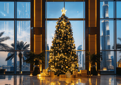 Weihnachten in Dubai Weihnachten in Dubai - ein Tannenbaum steht in der Lobby in Dubai, im Hintergrund sind Palmen und der Burj Khalifa