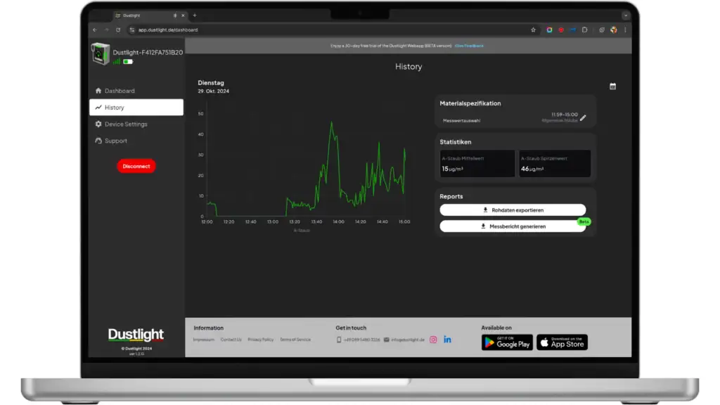 Web app dashboard for analyzing particulate matter data, featuring trend graphs, statistics, and export functions, running on a laptop