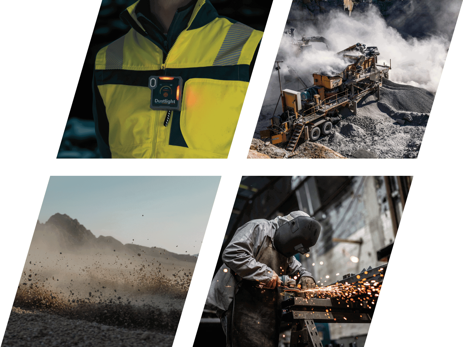 Arbeiterinnen und Arbeiter in staubigen Industrieumgebungen – Bergbau, Baustelle und Metallverarbeitung – beim Einsatz des Dustlight zur Staubmessung.
