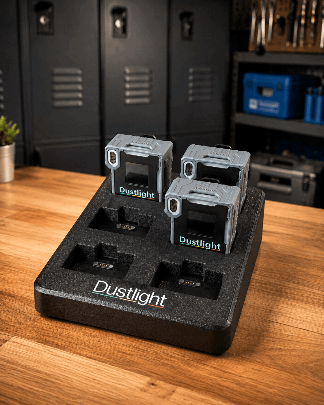 Dustlight Lade- und Daten Dock mit drei eingesetzten Dustlight Staubmessgeräten